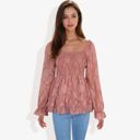 Pink Large Square Neck Smocked Top with Sheer Puff Sleeves Elegant and Stylish for Any Occasion