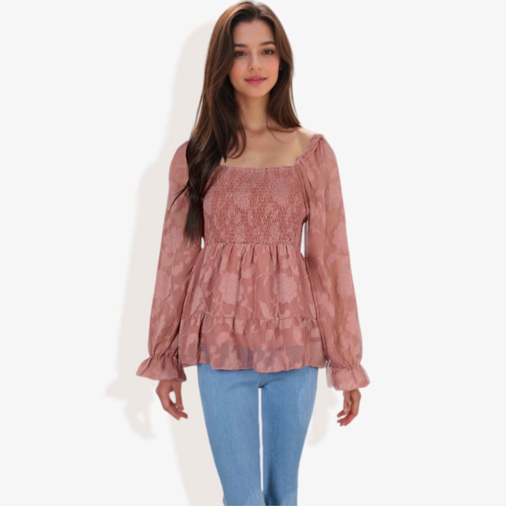 Square Neck Smocked Top with Sheer Puff Sleeves Elegant and Stylish for Any Occasion