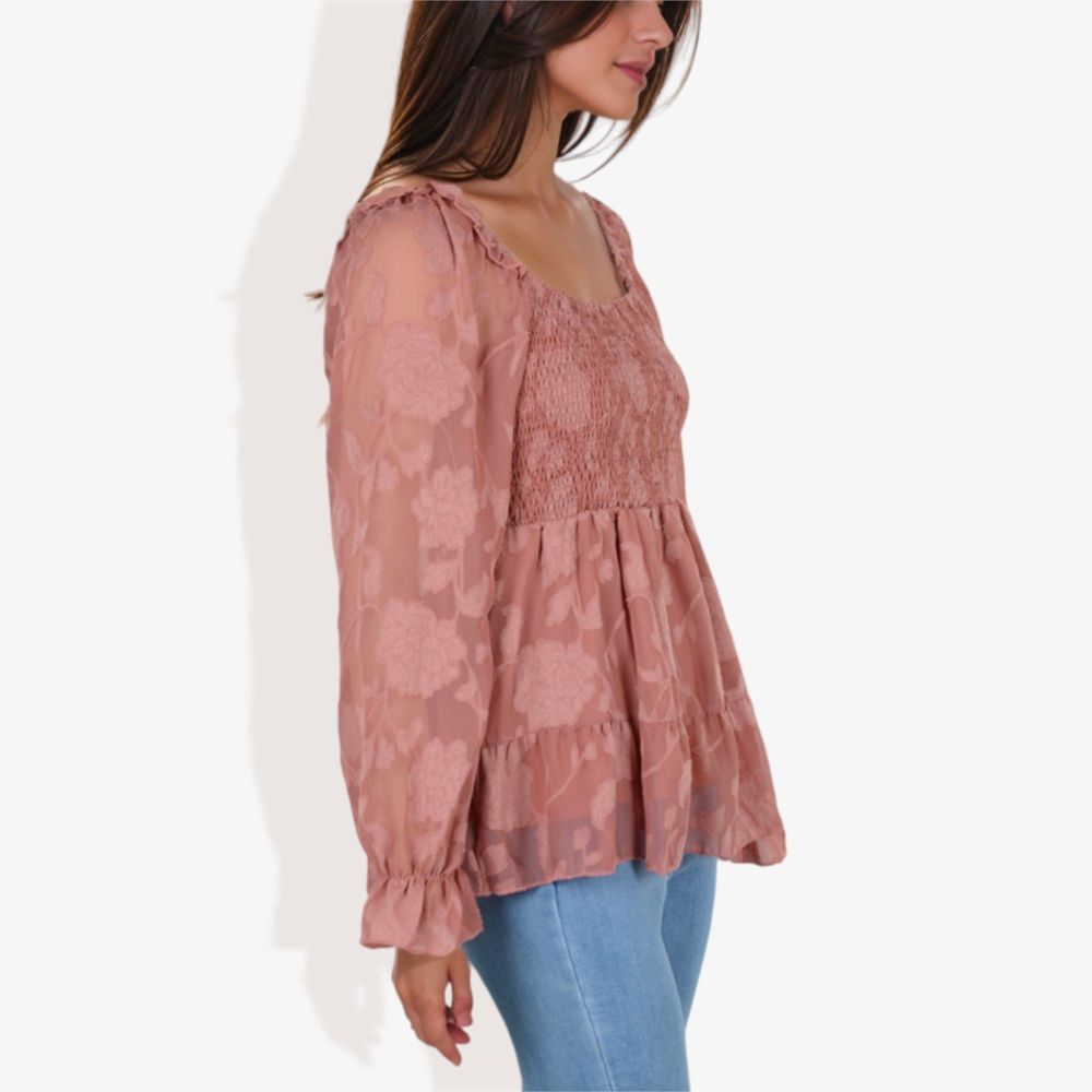 Square Neck Smocked Top with Sheer Puff Sleeves Elegant and Stylish for Any Occasion