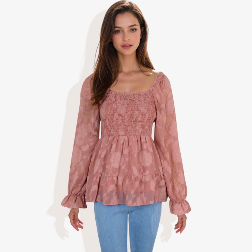 Square Neck Smocked Top with Sheer Puff Sleeves Elegant and Stylish for Any Occasion