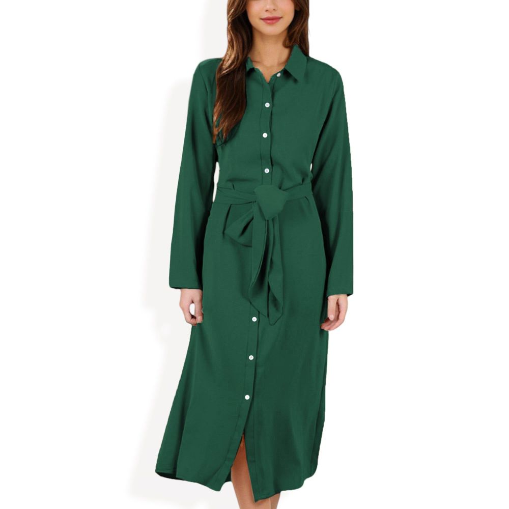 Long Sleeve Button-Down Shirt Dress with Waist Tie Belt and Classic Collar