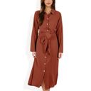 Red Large Long Sleeve Button-Down Shirt Dress with Waist Tie Belt and Classic Collar