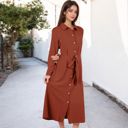 Red Large Long Sleeve Button-Down Shirt Dress with Waist Tie Belt and Classic Collar