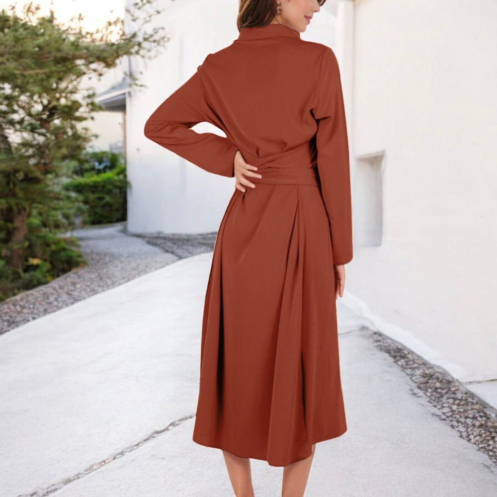 Long Sleeve Button-Down Shirt Dress with Waist Tie Belt and Classic Collar