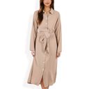 Beige Large Long Sleeve Button-Down Shirt Dress with Waist Tie Belt and Classic Collar