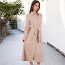 Beige Large Long Sleeve Button-Down Shirt Dress with Waist Tie Belt and Classic Collar