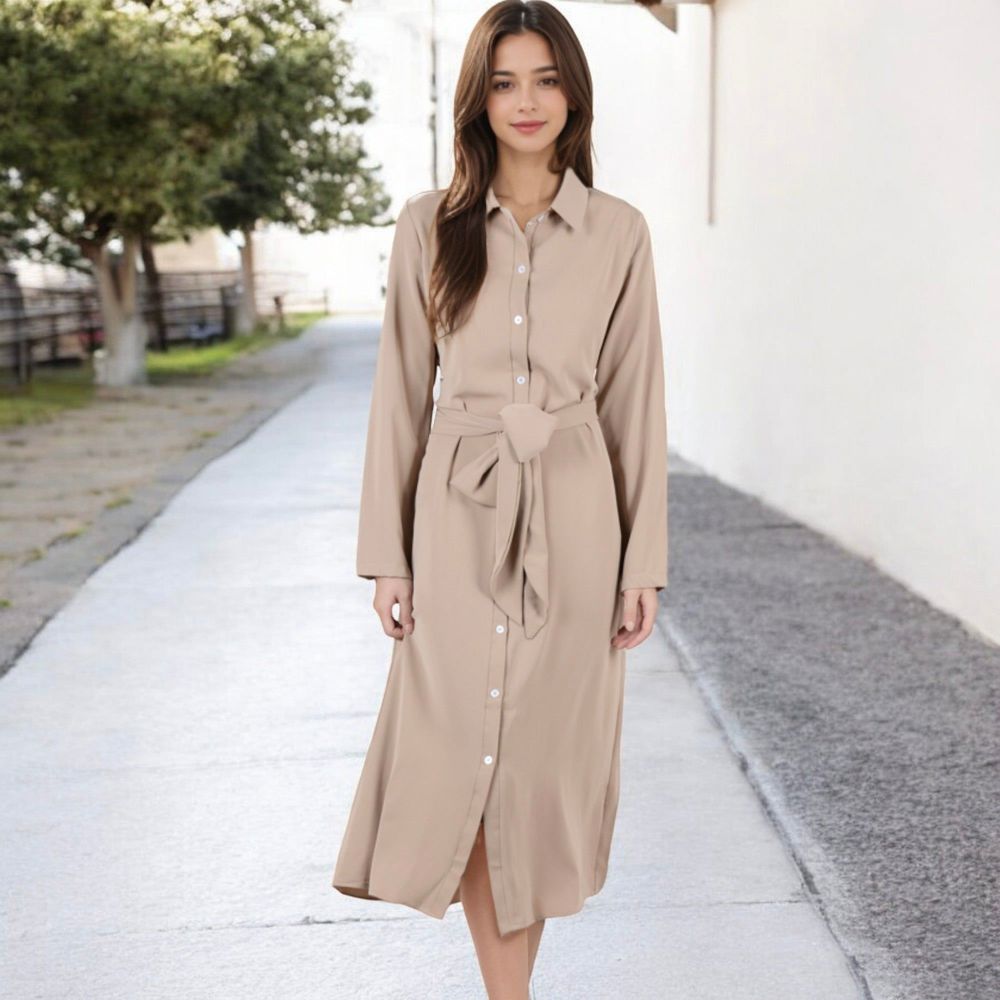 Long Sleeve Button-Down Shirt Dress with Waist Tie Belt and Classic Collar