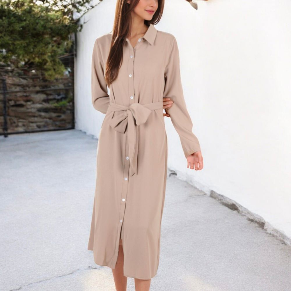 Long Sleeve Button-Down Shirt Dress with Waist Tie Belt and Classic Collar