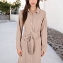 Beige Large Long Sleeve Button-Down Shirt Dress with Waist Tie Belt and Classic Collar