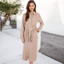 Beige Large Long Sleeve Button-Down Shirt Dress with Waist Tie Belt and Classic Collar