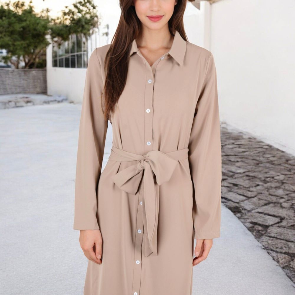 Long Sleeve Button-Down Shirt Dress with Waist Tie Belt and Classic Collar