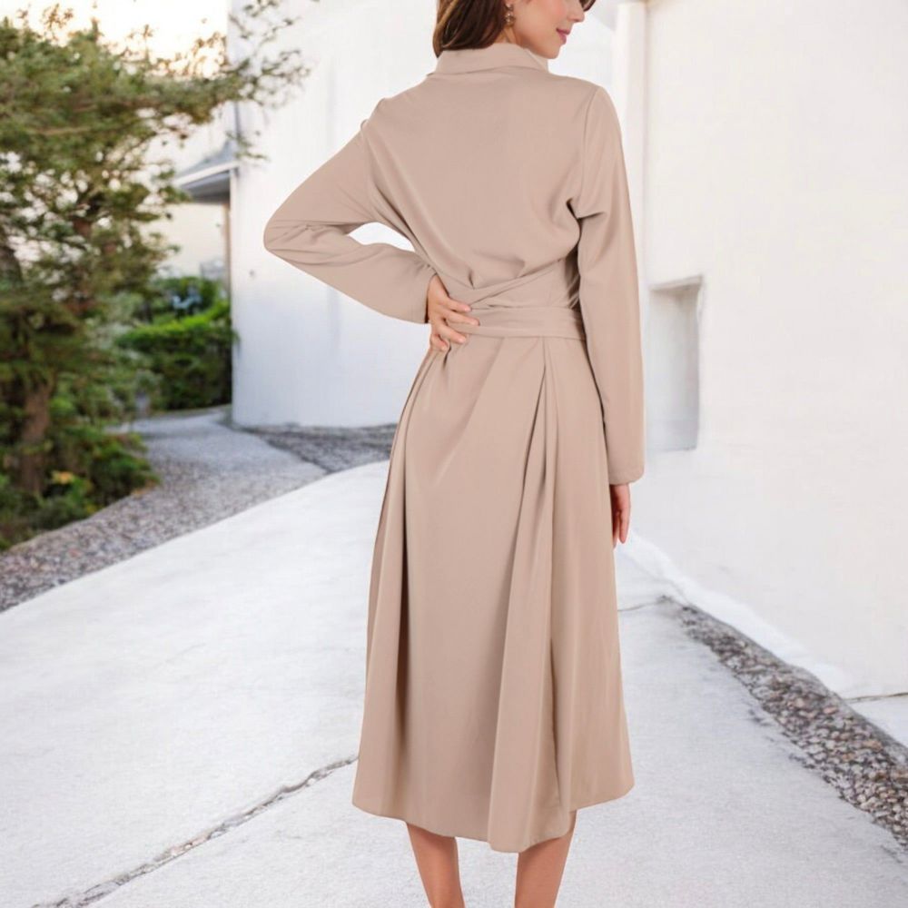 Long Sleeve Button-Down Shirt Dress with Waist Tie Belt and Classic Collar