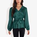  Long Sleeve Satin Wrap Blouse with V-Neck and Tie Waist Elegant Top for Casual or Office Wear