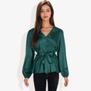  Long Sleeve Satin Wrap Blouse with V-Neck and Tie Waist Elegant Top for Casual or Office Wear