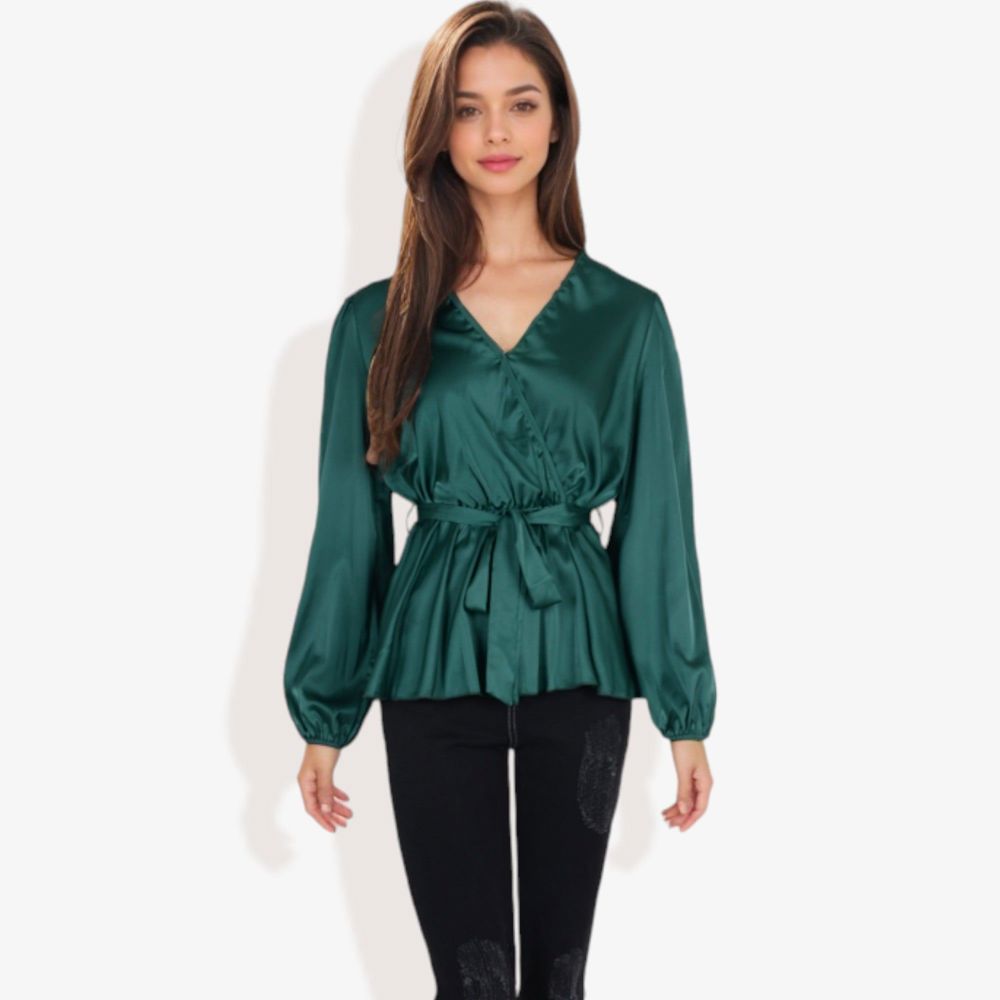 Long Sleeve Satin Wrap Blouse with V-Neck and Tie Waist Elegant Top for Casual or Office Wear