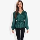  Long Sleeve Satin Wrap Blouse with V-Neck and Tie Waist Elegant Top for Casual or Office Wear