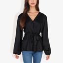 Black Large Long Sleeve Satin Wrap Blouse with V-Neck and Tie Waist Elegant Top for Casual or Office Wear