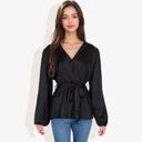 Black Large Long Sleeve Satin Wrap Blouse with V-Neck and Tie Waist Elegant Top for Casual or Office Wear