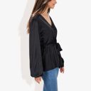 Black Large Long Sleeve Satin Wrap Blouse with V-Neck and Tie Waist Elegant Top for Casual or Office Wear