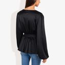 Black Large Long Sleeve Satin Wrap Blouse with V-Neck and Tie Waist Elegant Top for Casual or Office Wear