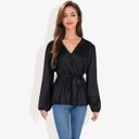 Black Large Long Sleeve Satin Wrap Blouse with V-Neck and Tie Waist Elegant Top for Casual or Office Wear