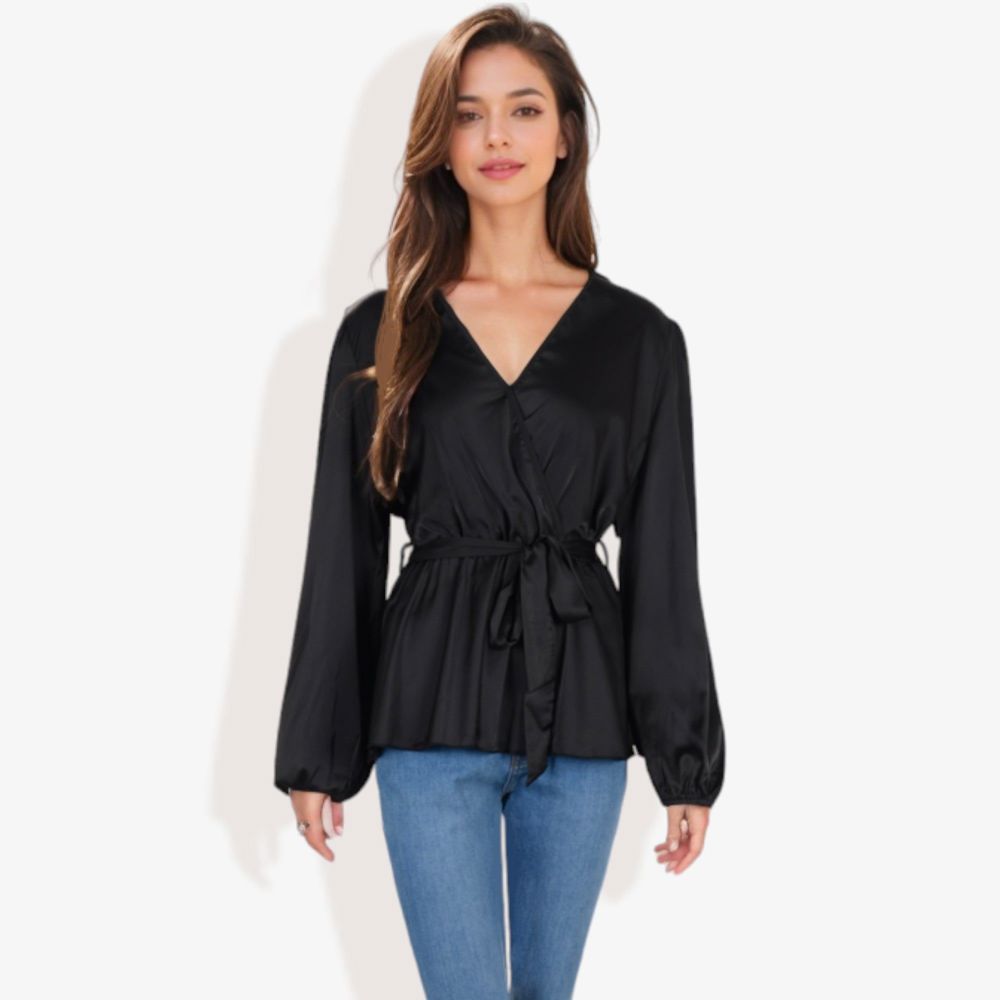 Long Sleeve Satin Wrap Blouse with V-Neck and Tie Waist Elegant Top for Casual or Office Wear