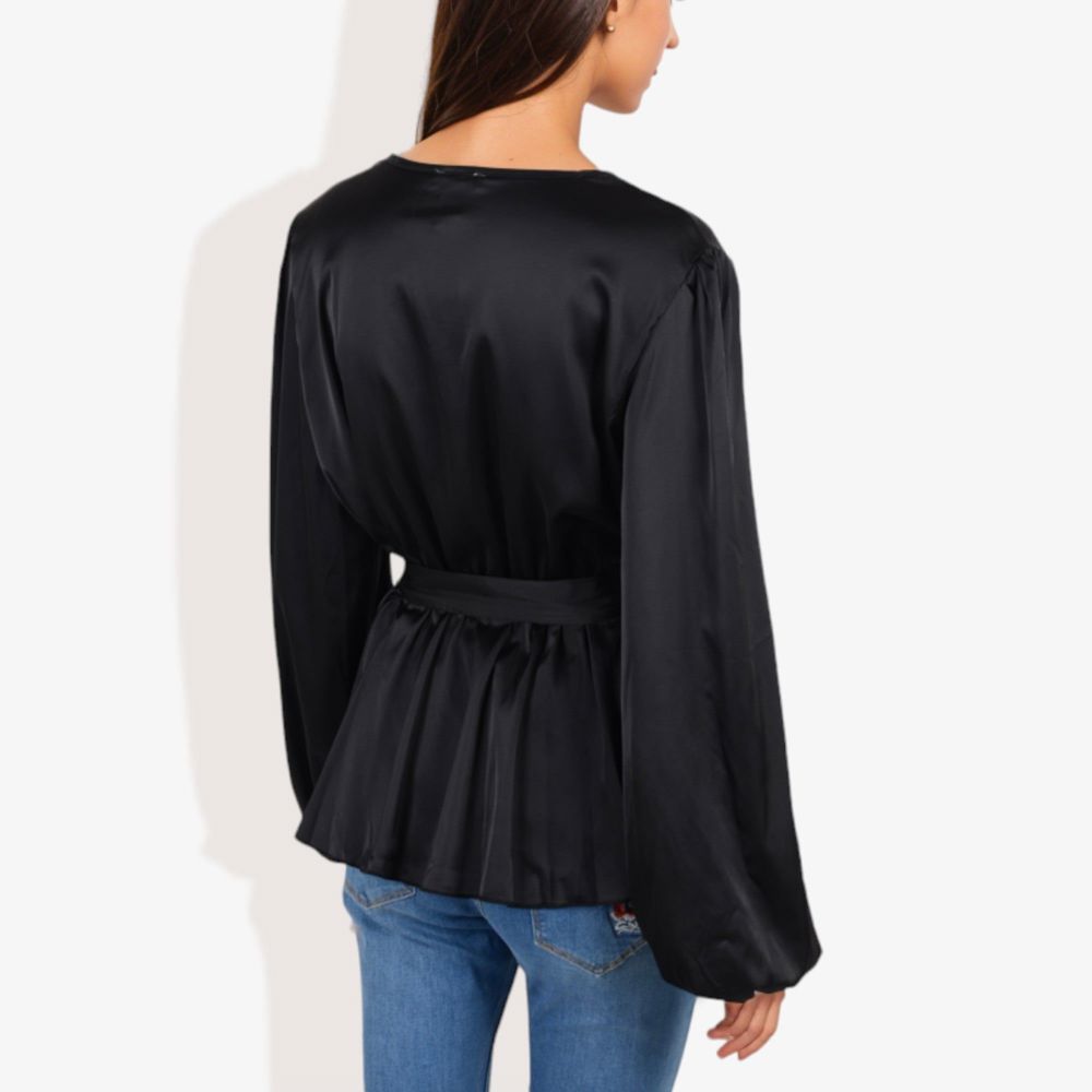 Long Sleeve Satin Wrap Blouse with V-Neck and Tie Waist Elegant Top for Casual or Office Wear