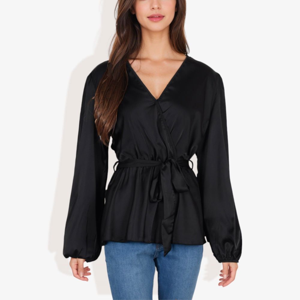 Long Sleeve Satin Wrap Blouse with V-Neck and Tie Waist Elegant Top for Casual or Office Wear