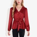 Red Large Long Sleeve Satin Wrap Blouse with V-Neck and Tie Waist Elegant Top for Casual or Office Wear