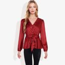 Red Large Long Sleeve Satin Wrap Blouse with V-Neck and Tie Waist Elegant Top for Casual or Office Wear