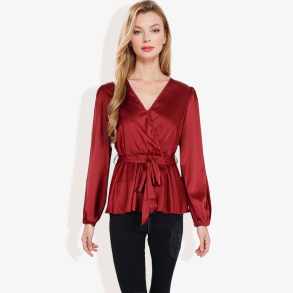 Long Sleeve Satin Wrap Blouse with V-Neck and Tie Waist Elegant Top for Casual or Office Wear