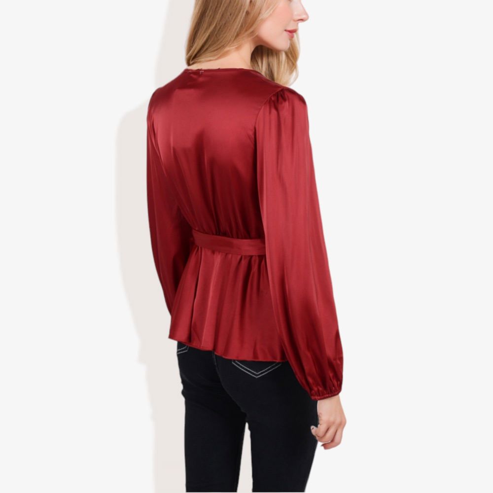 Long Sleeve Satin Wrap Blouse with V-Neck and Tie Waist Elegant Top for Casual or Office Wear