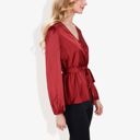 Red Medium Long Sleeve Satin Wrap Blouse with V-Neck and Tie Waist Elegant Top for Casual or Office Wear