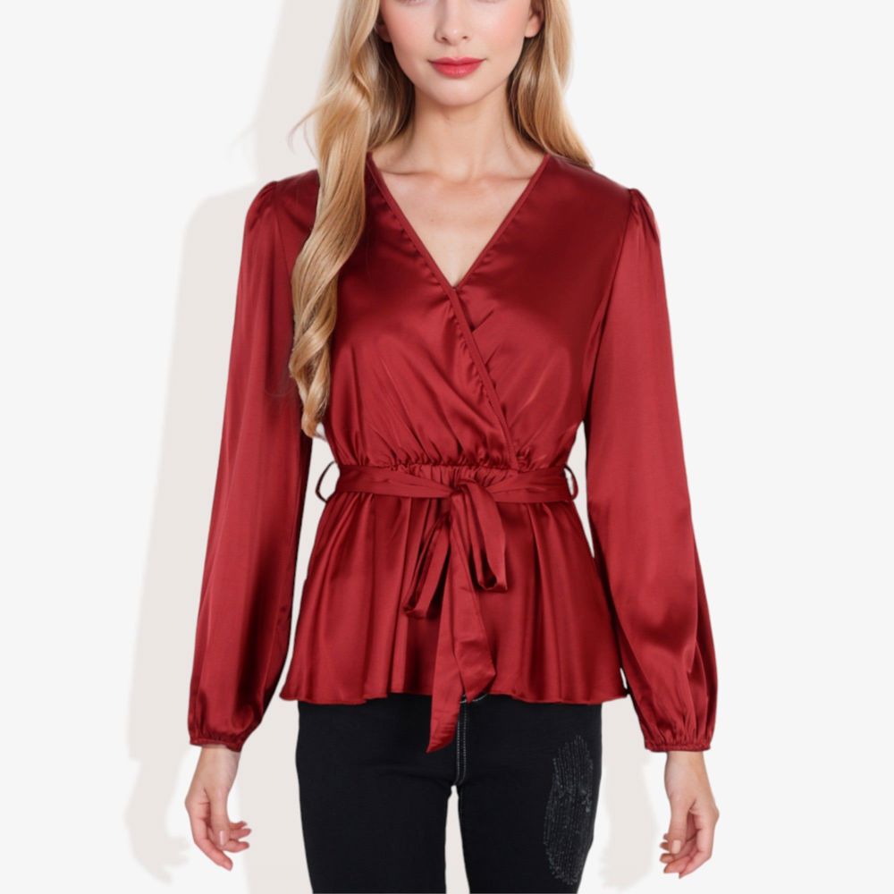 Long Sleeve Satin Wrap Blouse with V-Neck and Tie Waist Elegant Top for Casual or Office Wear