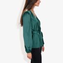 Green Large Long Sleeve Satin Wrap Blouse with V-Neck and Tie Waist Elegant Top for Casual or Office Wear