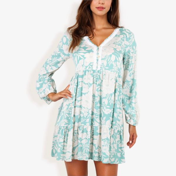 Long Sleeve Floral Print Mini Dress With V-Neck And Ruffle Hem