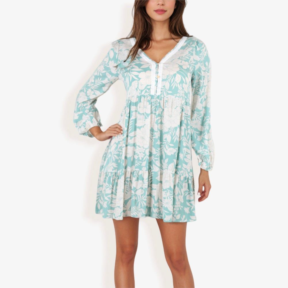 Long Sleeve Floral Print Mini Dress With V-Neck And Ruffle Hem