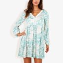 Green Medium Long Sleeve Floral Print Mini Dress With V-Neck And Ruffle Hem