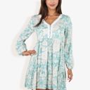 Green Medium Long Sleeve Floral Print Mini Dress With V-Neck And Ruffle Hem