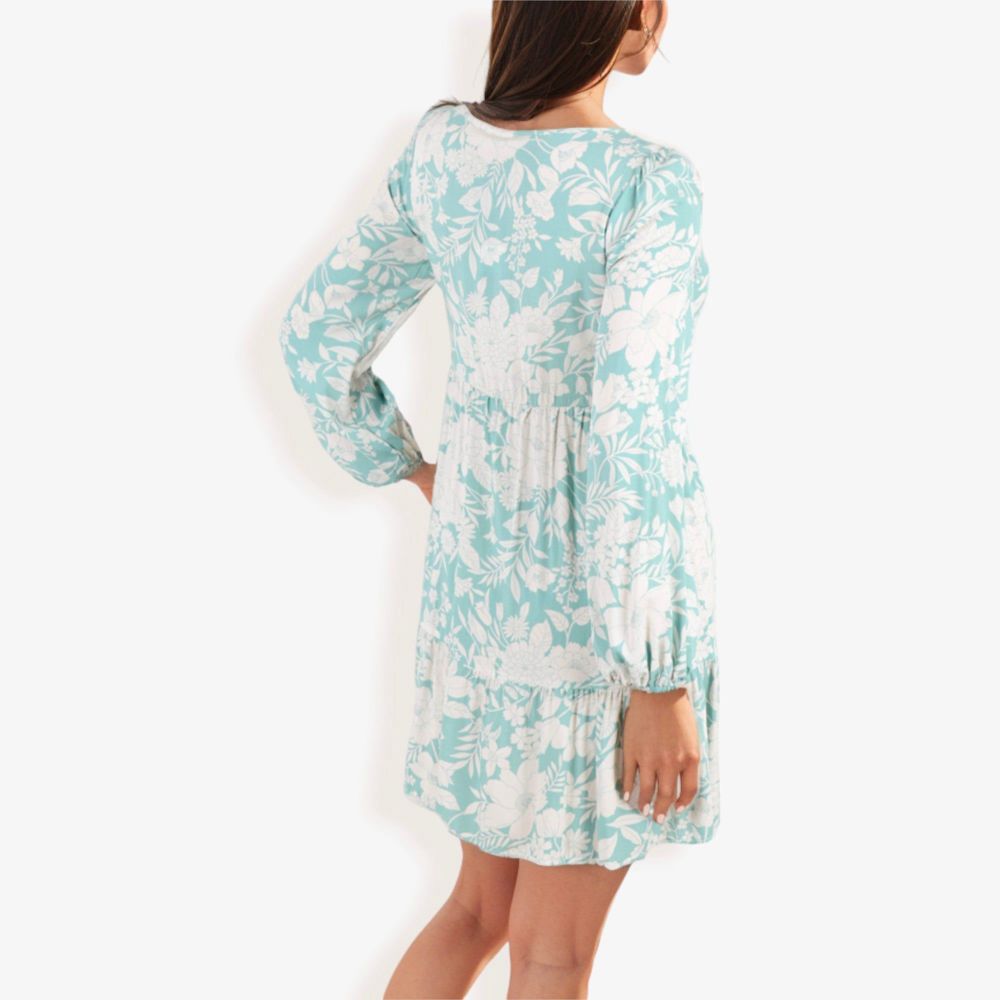 Long Sleeve Floral Print Mini Dress With V-Neck And Ruffle Hem