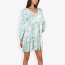 Green Medium Long Sleeve Floral Print Mini Dress With V-Neck And Ruffle Hem