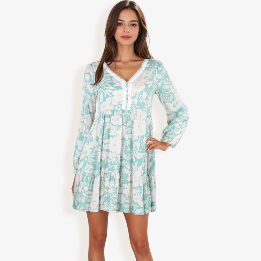 Long Sleeve Floral Print Mini Dress With V-Neck And Ruffle Hem