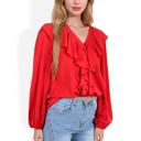  V-Neck Blouse with Ruffle Front Detail and Long Puff Sleeves