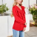  V-Neck Blouse with Ruffle Front Detail and Long Puff Sleeves