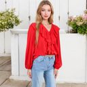  V-Neck Blouse with Ruffle Front Detail and Long Puff Sleeves