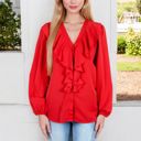  V-Neck Blouse with Ruffle Front Detail and Long Puff Sleeves