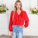  V-Neck Blouse with Ruffle Front Detail and Long Puff Sleeves