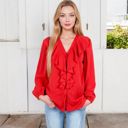  V-Neck Blouse with Ruffle Front Detail and Long Puff Sleeves