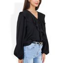 Black Large V-Neck Blouse with Ruffle Front Detail and Long Puff Sleeves