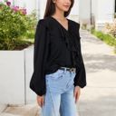 Black Large V-Neck Blouse with Ruffle Front Detail and Long Puff Sleeves